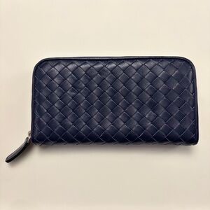 Laurent Effel Navy Blue Leather Woven Zip Close Clutch Wallet